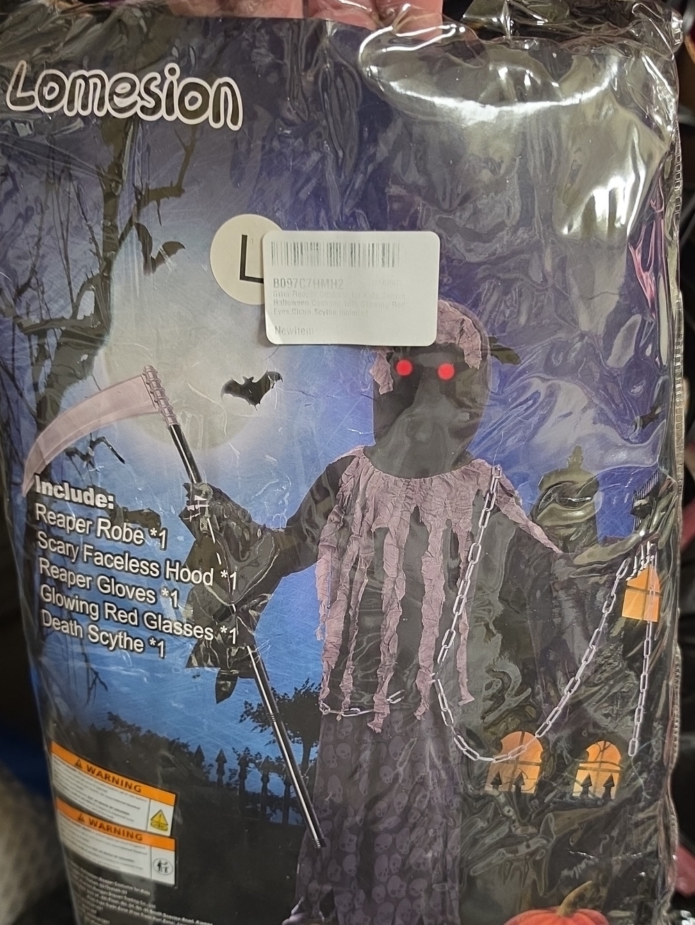 Nwt Large Kids Reaper Costume with Glowing Red Glasses - Black & Purple